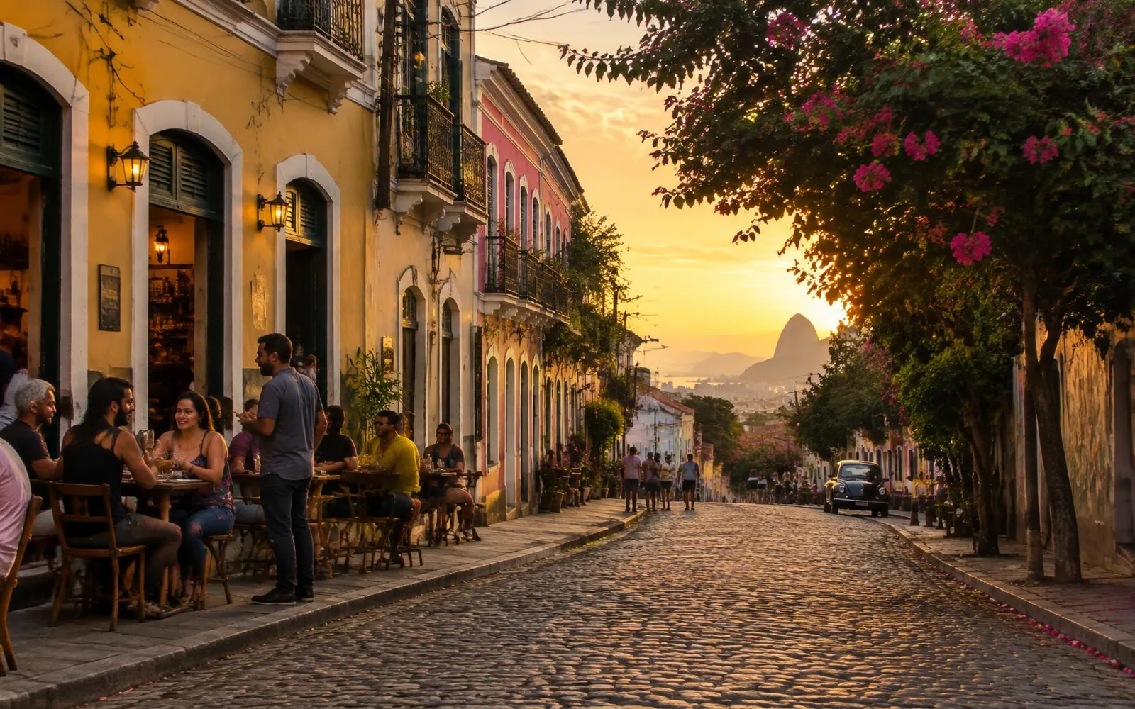 Rua de Santa Teresa, no Rio de Janeiro, com casario e pessoas caminhando ao entardecer
